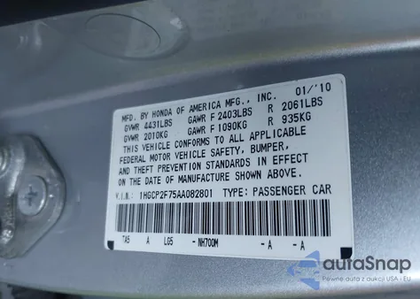 2010 Honda Accord 2.4 Ex from USA, damaged, VIN 1HGCP2F75AA082801